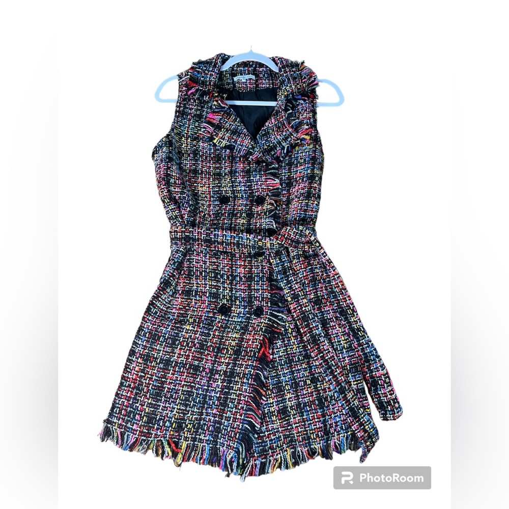 CHARLOTTE RUSSE MULTI-COLOR RAINBOW ON BLACK TWEED FRINGED DRESS SIZE MEDIUM
